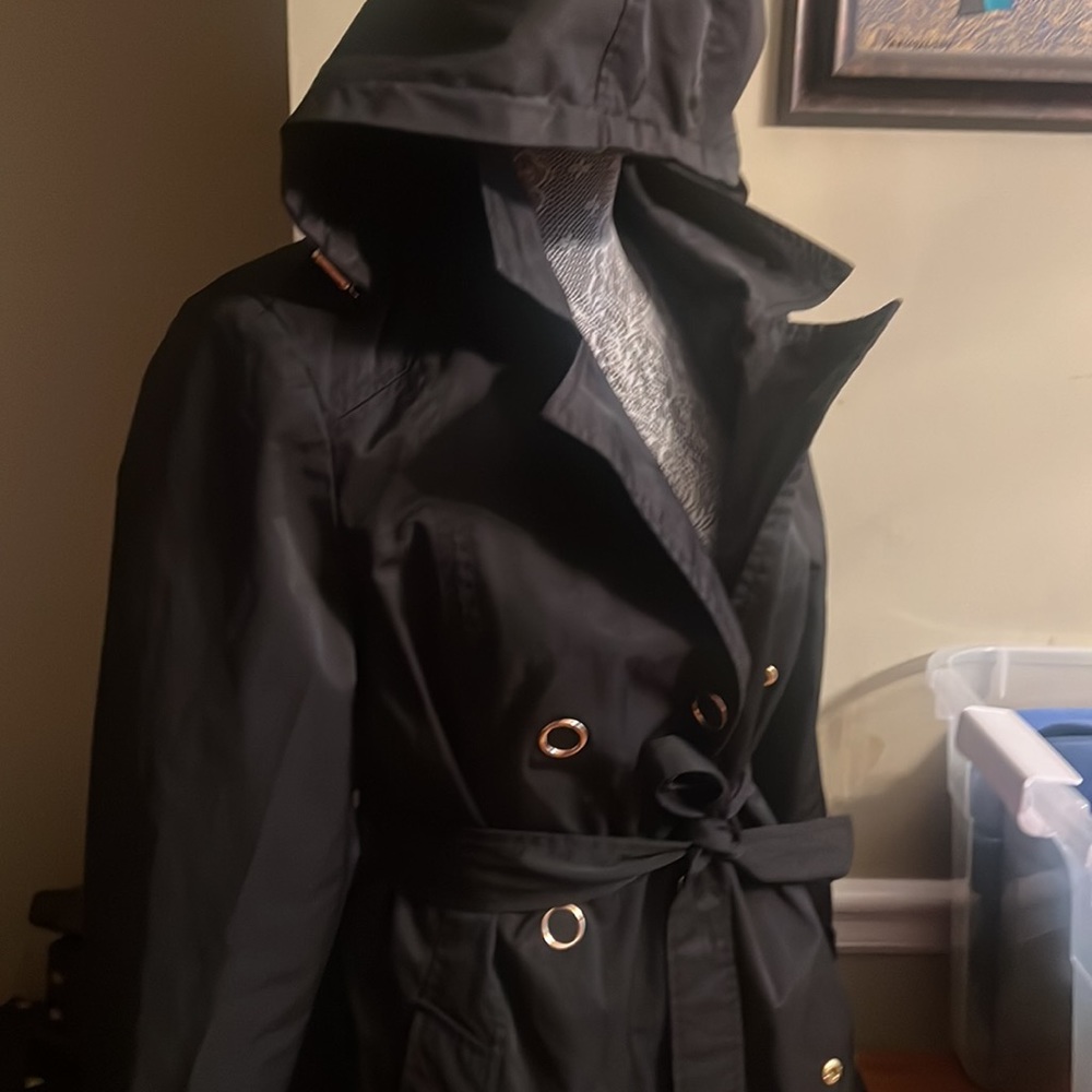 Anne Klein Black Rain Coat Trench Classic Hooded Belted M - Picture 6 of 12